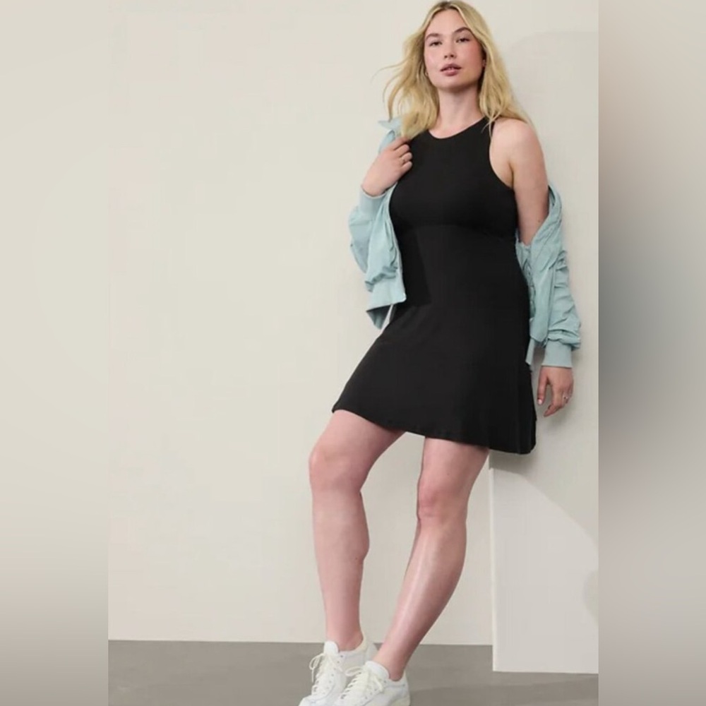 Athleta Santorini Thera Dress Black Ribbed Tencel Modal